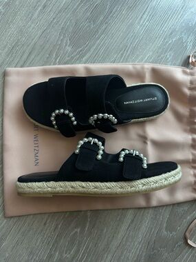Stuart Weitzman Black Suede Pearl-Embellished Espadrille Slides